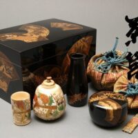 茶道具 四季の花蒔絵 茶箱 茶道具一式 平野玉鳳作 棗・金彩色絵 扇図 振出 茶巾筒 等 合箱