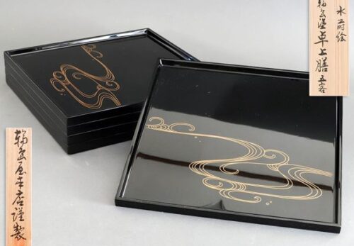 輪島塗 輪島屋本店謹製 黒塗 水蒔絵 卓上膳 五客 共箱