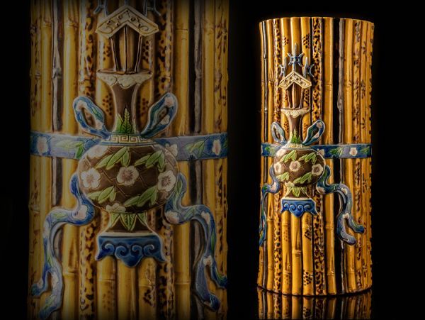 中国美術 黄釉 色絵壷装飾 竹束形 花瓶