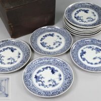 古美術 古伊万里 二重角福 蛸唐草松竹梅図 皿 十客 箱付属