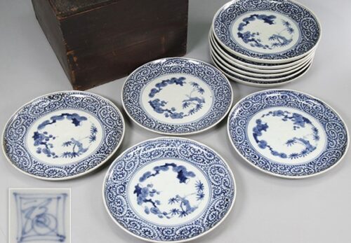 古美術 古伊万里 二重角福 蛸唐草松竹梅図 皿 十客 箱付属