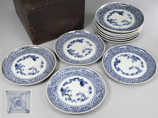 古美術 古伊万里 二重角福 蛸唐草松竹梅図 皿 十客 箱付属