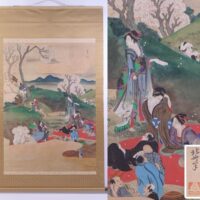 【葛飾北斎】花見之図 着彩 紙本 軸装 大幅 合箱