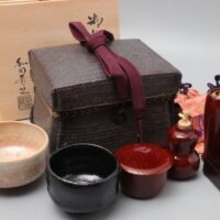 茶道具 和田菁竺作 御所篭 竹編茶箱 茶道具一式 三島手茶碗 瓢箪形 振出 茶巾筒